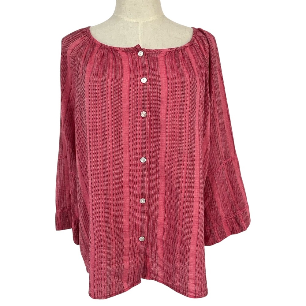 Tommy Bahama Striped Cotton Viscose Button Front Blouse Top Pink Women L Peasant